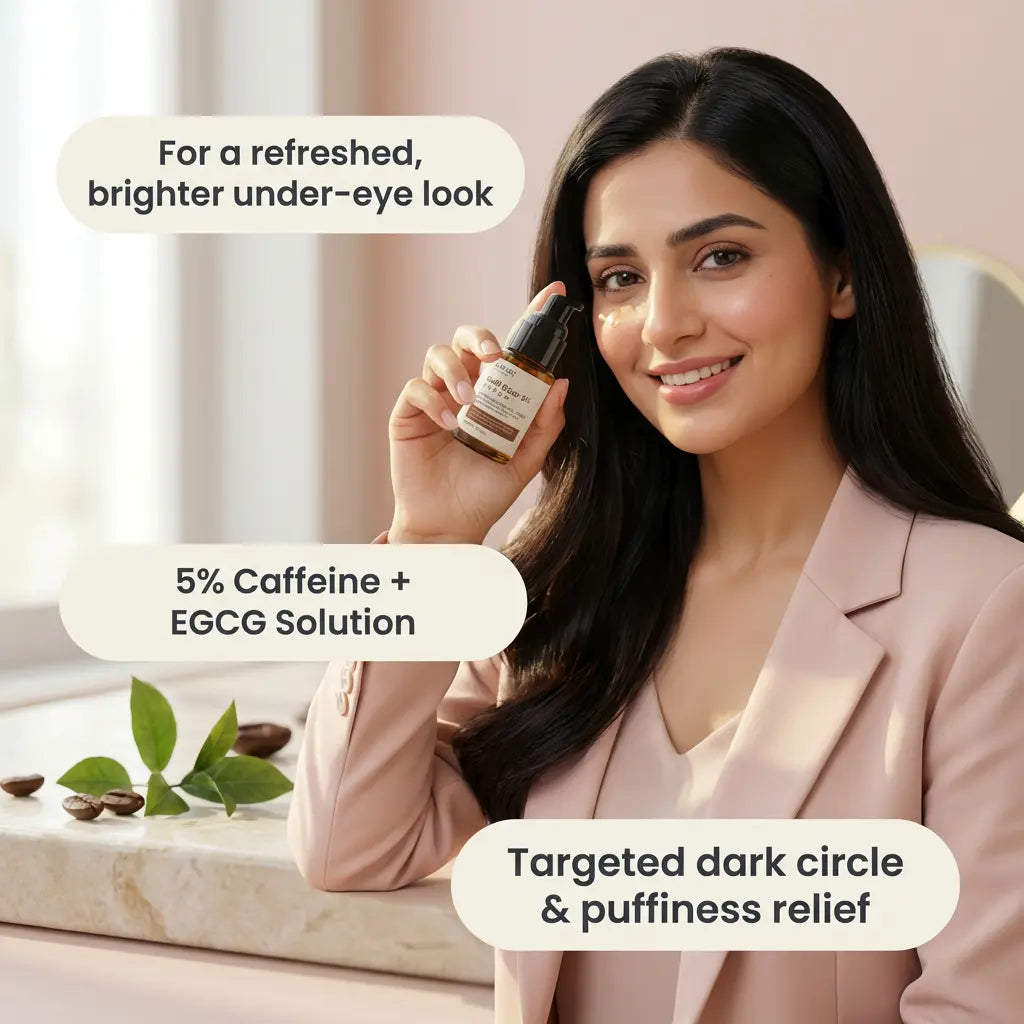 Woman holding a skincare serum with product details on a neutral background