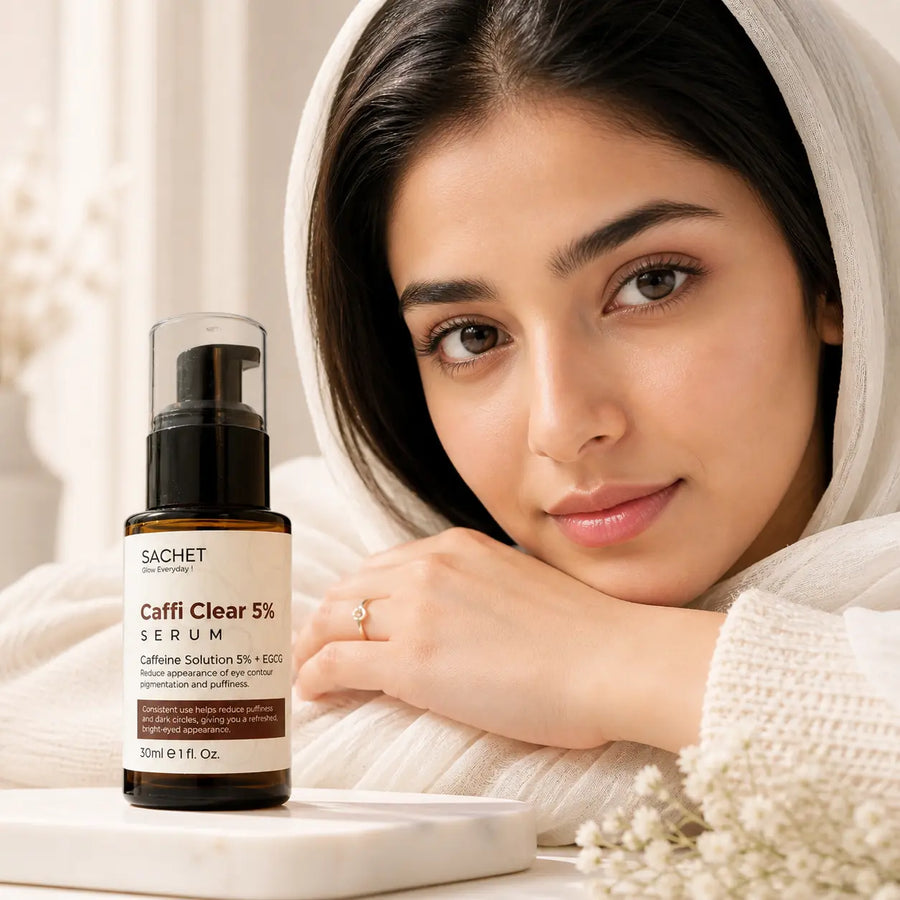 Woman holding a skincare serum with product details on a neutral background