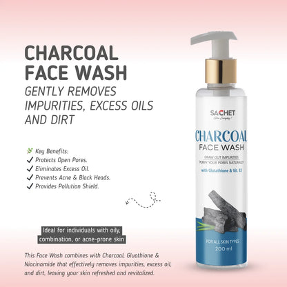 Sachet Charcoal Face Wash bottle with product details on a pink gradient background