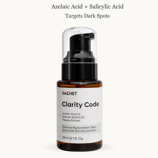 Sachet Clarity Code serum bottle with product details on a white background