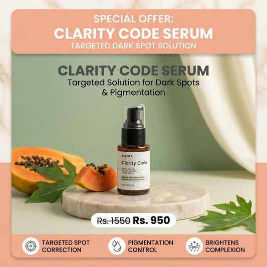 Sachet Clarity Code serum bottle with product details on a white background