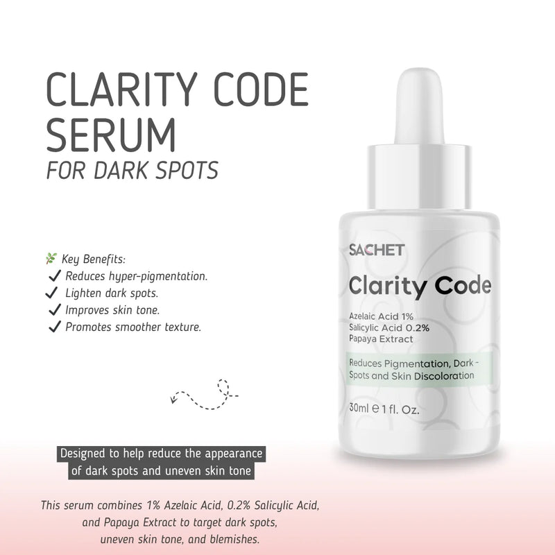 Sachet Clarity Code serum bottle with product details on a white background