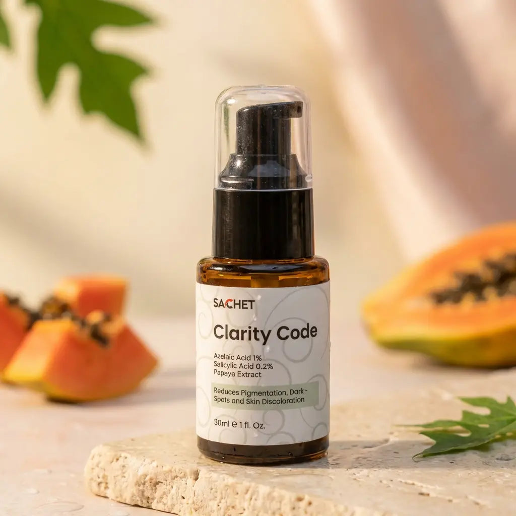 Skincare serum bottle labeled 'Clarity Code' with papaya and leaves in the background