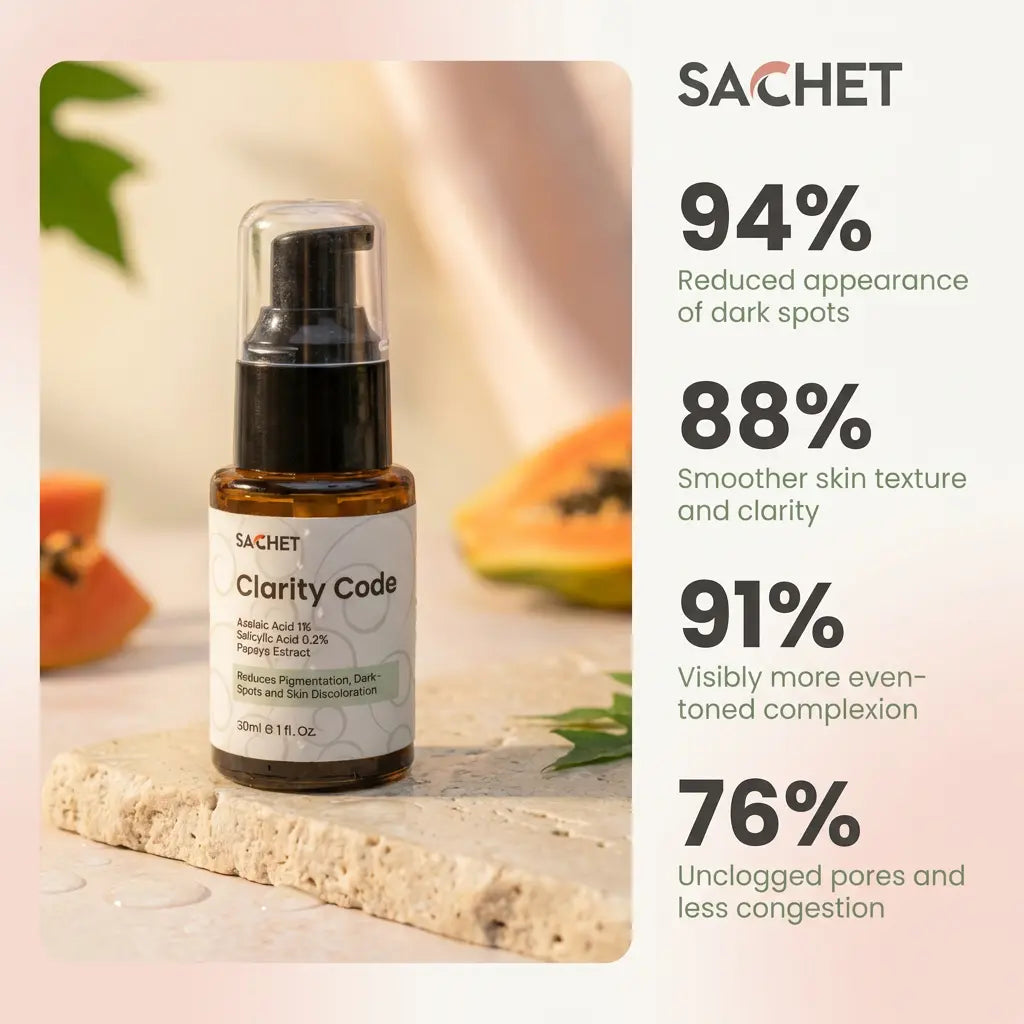 SACHET Clarity Code serum bottle with skincare benefits on a light background