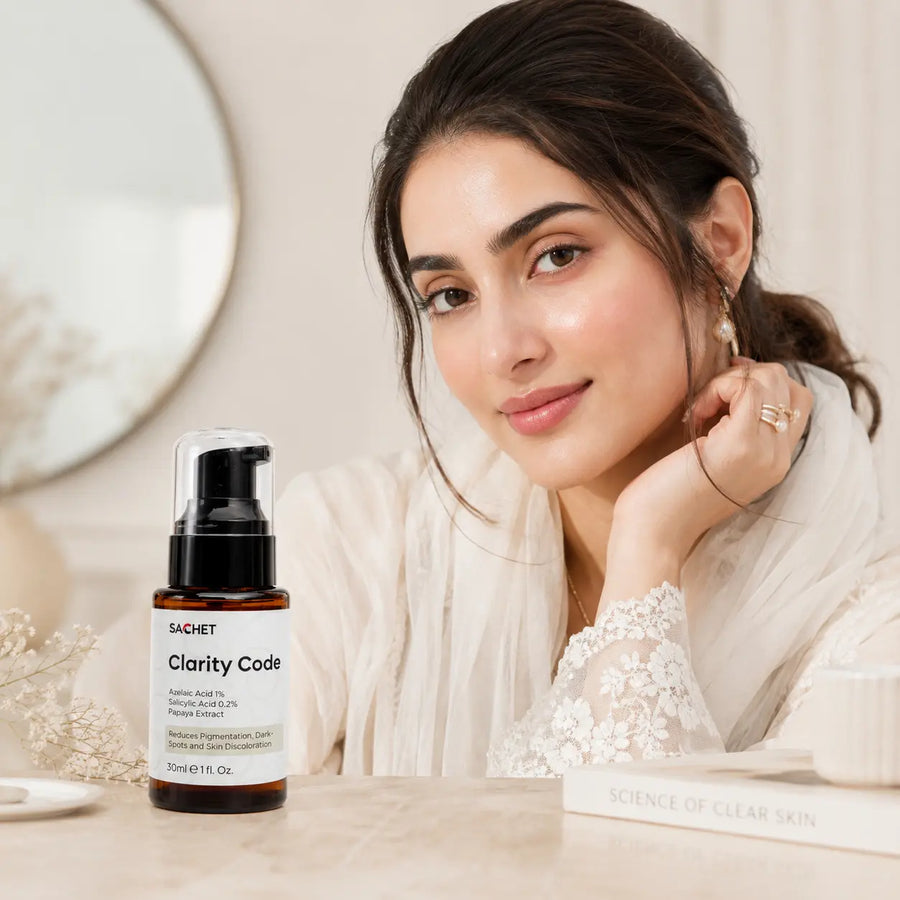 SACHET Clarity Code serum bottle with skincare benefits on a light background