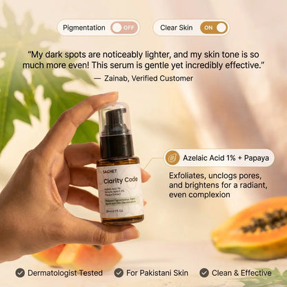 Hand holding a skincare serum bottle with text about skin benefits and customer feedback.
