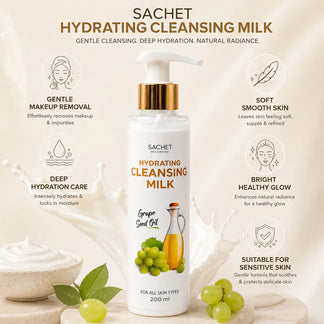 Woman holding a bottle of 'Sachet' hydrating cleansing milk with a brown background