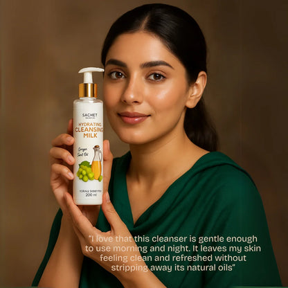 Woman holding a bottle of 'Sachet' hydrating cleansing milk with a brown background