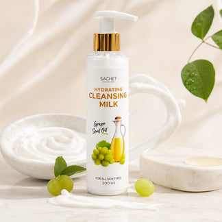 Hydrating cleansing milk bottle with makeup items on a wooden surface