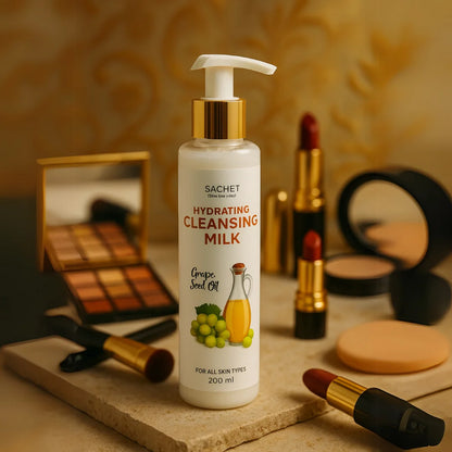 Hydrating cleansing milk bottle with makeup items on a wooden surface
