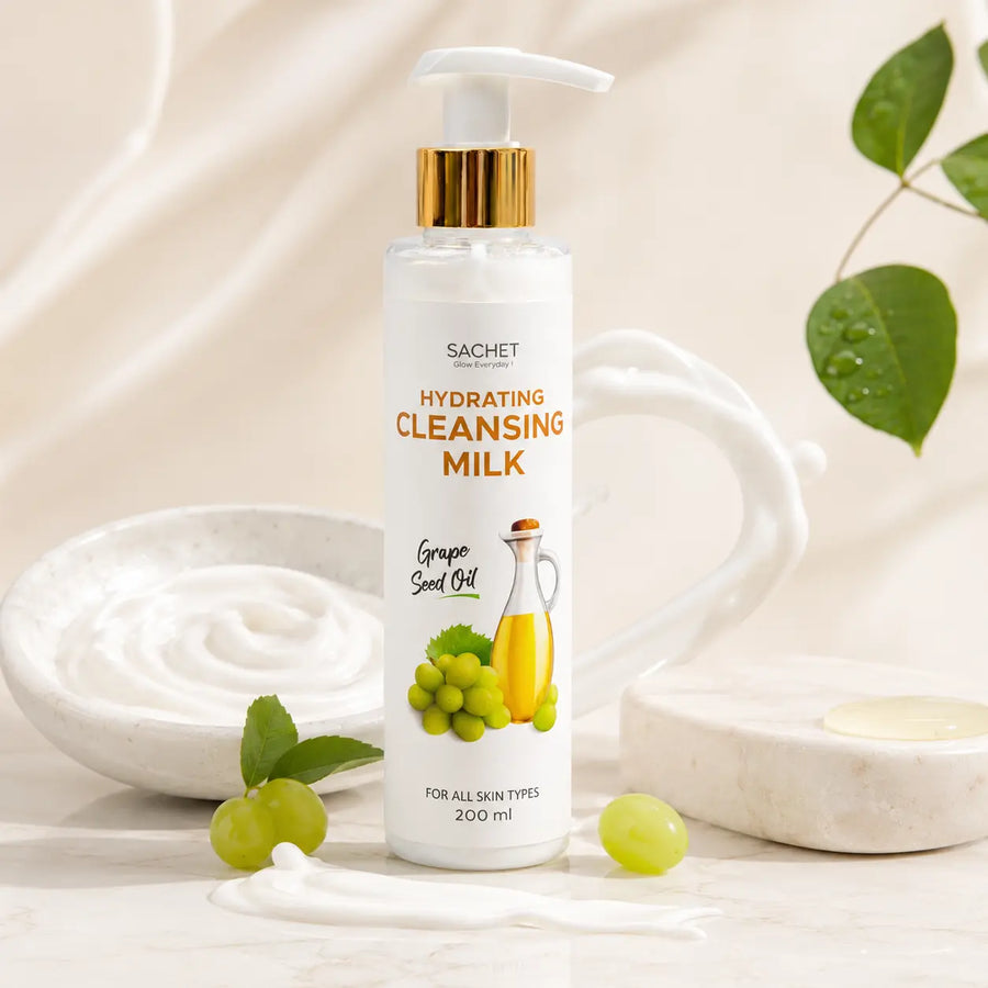 Hydrating cleansing milk bottle with makeup items on a wooden surface