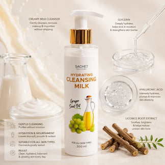 Sachet Hydrating Cleansing Milk bottle with a natural background of flowers and greenery