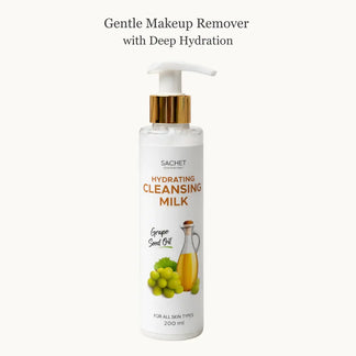 Sachet Hydrating Cleansing Milk bottle with grapes and a vase on a wooden surface