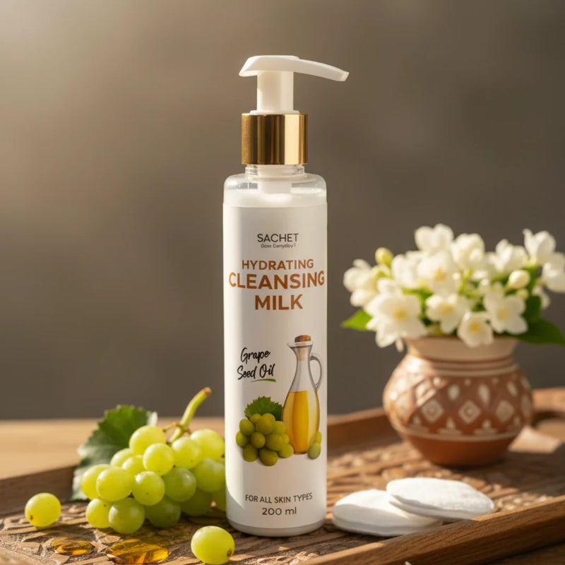 Sachet Hydrating Cleansing Milk bottle with grapes and a vase on a wooden surface