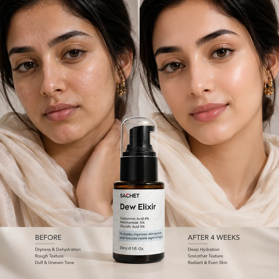Dew Elixir Serum - Hyaluronic Acid 4% + Niacinamide 5% + Glycolic Acid 2% | sachetcare.com