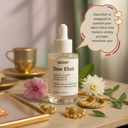 Dew Elixir Serum - Hyaluronic Acid 4% + Niacinamide 5% + Glycolic Acid 2% | sachetcare.com