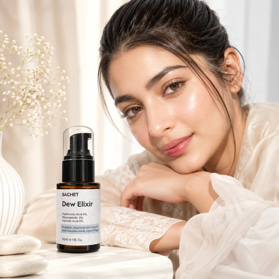 Dew Elixir Serum - Hyaluronic Acid 4% + Niacinamide 5% + Glycolic Acid 2% | sachetcare.com