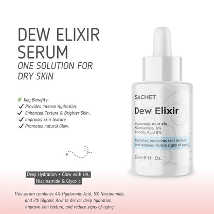 Dew Elixir Serum - Hyaluronic Acid 4% + Niacinamide 5% + Glycolic Acid 2% | sachetcare.com