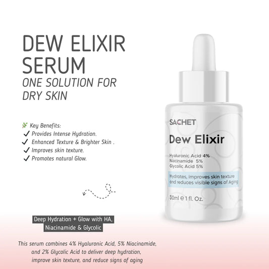Dew Elixir Serum - Hyaluronic Acid 4% + Niacinamide 5% + Glycolic Acid 2% | sachetcare.com