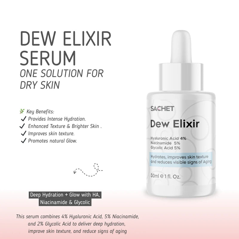 Dew Elixir Serum - Hyaluronic Acid 4% + Niacinamide 5% + Glycolic Acid 2% | sachetcare.com