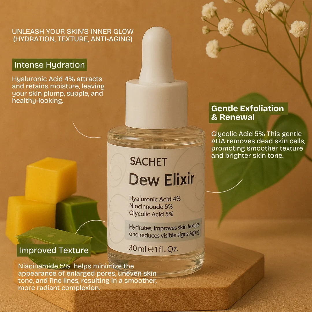 Dew Elixir Serum - Hyaluronic Acid 4% + Niacinamide 5% + Glycolic Acid 2% | sachetcare.com