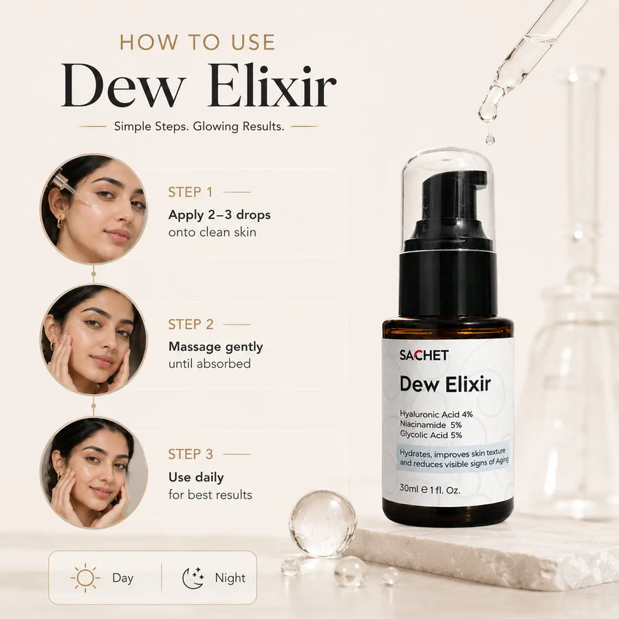 Dew Elixir Serum - Hyaluronic Acid 4% + Niacinamide 5% + Glycolic Acid 2% | sachetcare.com