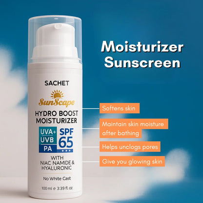 Glow Boost Moisturizer Sunscreen SPF 65 with Niacinamide &amp; Hyaluronic Acid - 100ml | sachetcare.com