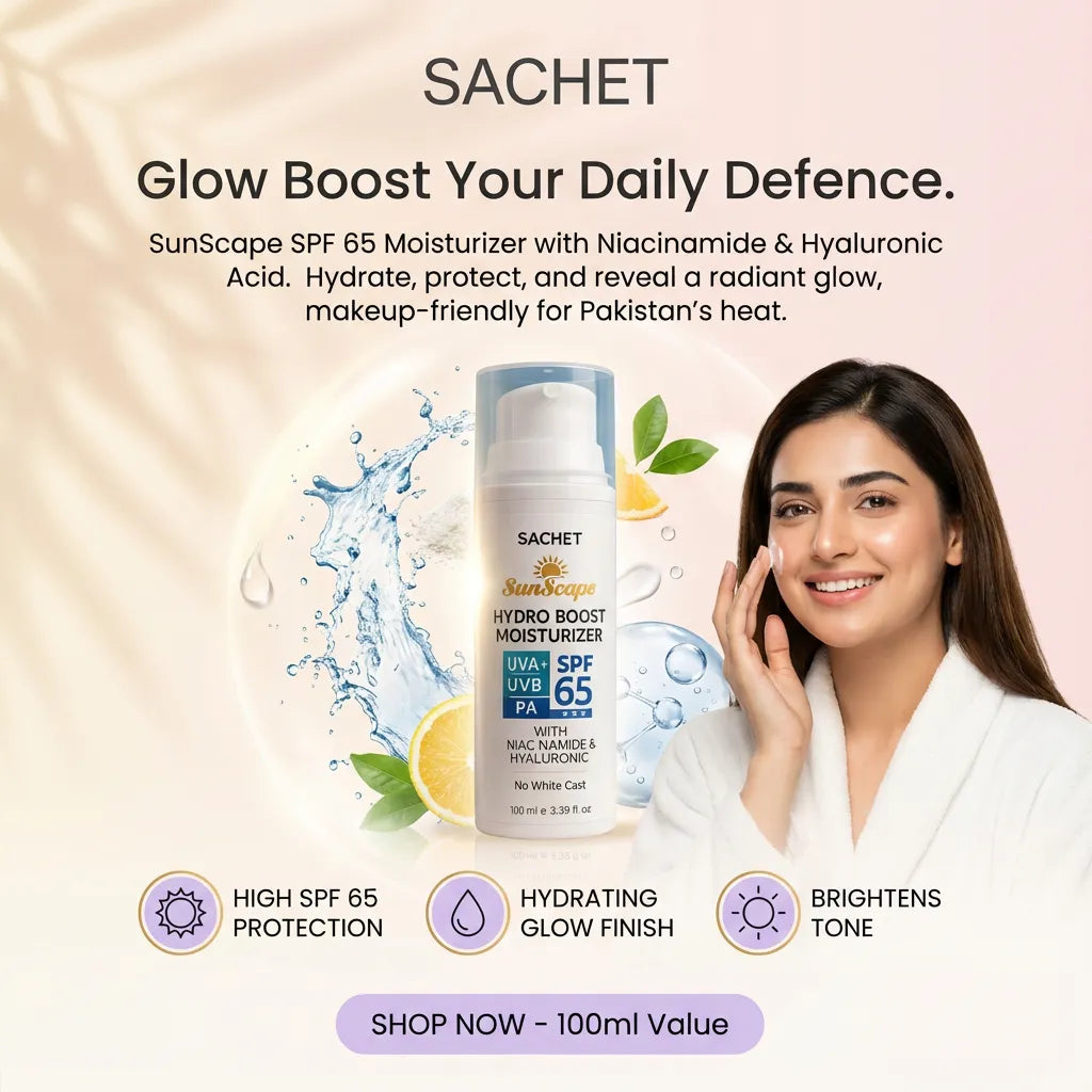 SACHET SunScrape SPF 65 Moisturizer with a woman using it, on a beige background.