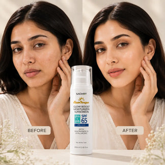 SACHET SunScrape SPF 65 Moisturizer with a woman using it, on a beige background.