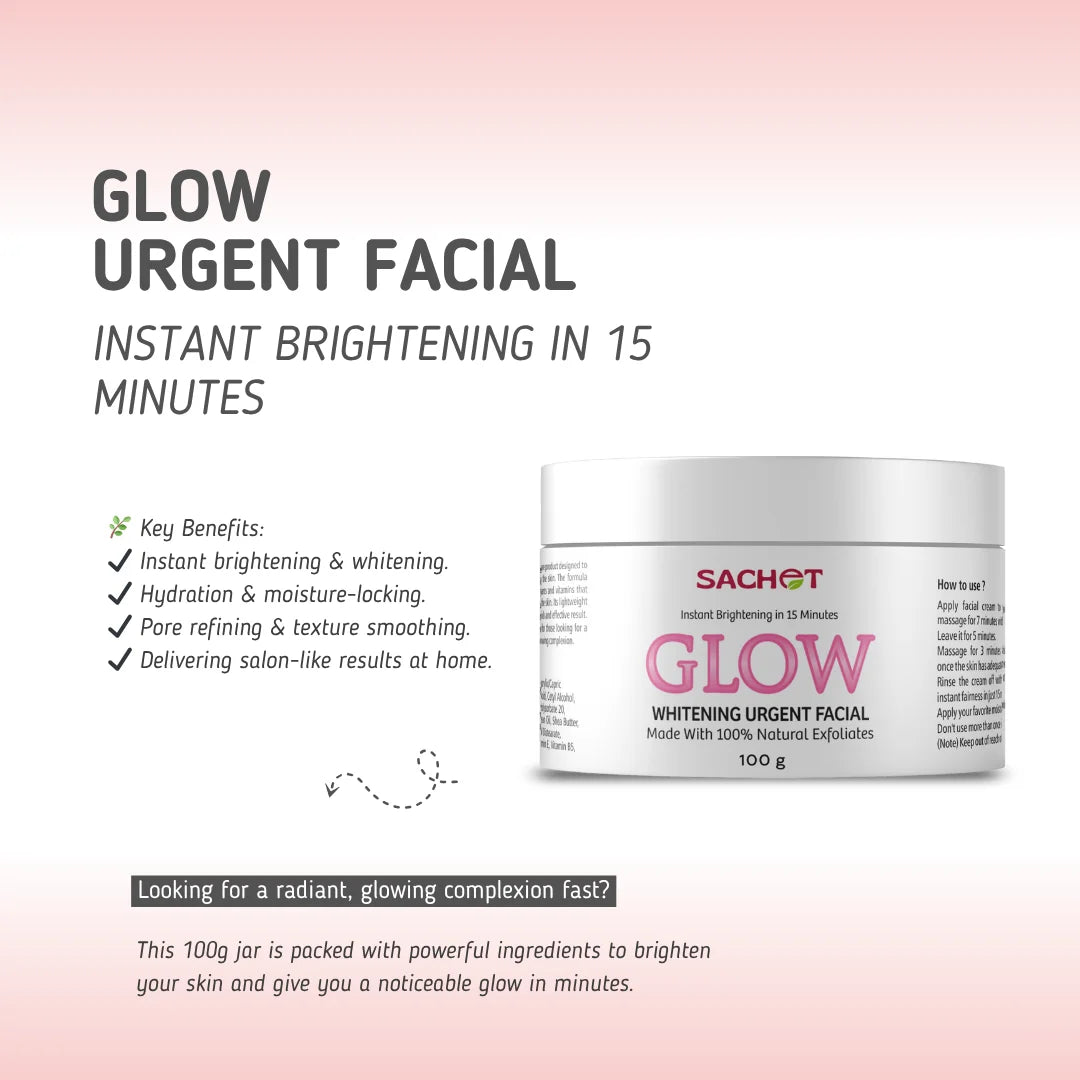 Sachet Glow Urgent Facial jar with product details on a pink gradient background