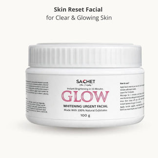 Sachet Glow Urgent Facial jar with product details on a pink gradient background