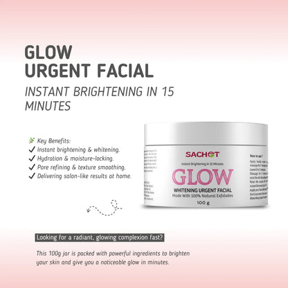 Sachet Glow Urgent Facial jar with product details on a pink gradient background