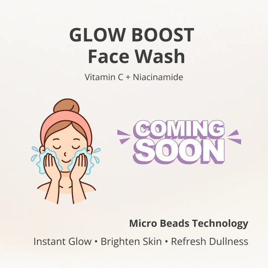Promotional graphic for Glow Boost Face Wash with a woman washing her face, text about product features, and 'Coming Soon' announcement.