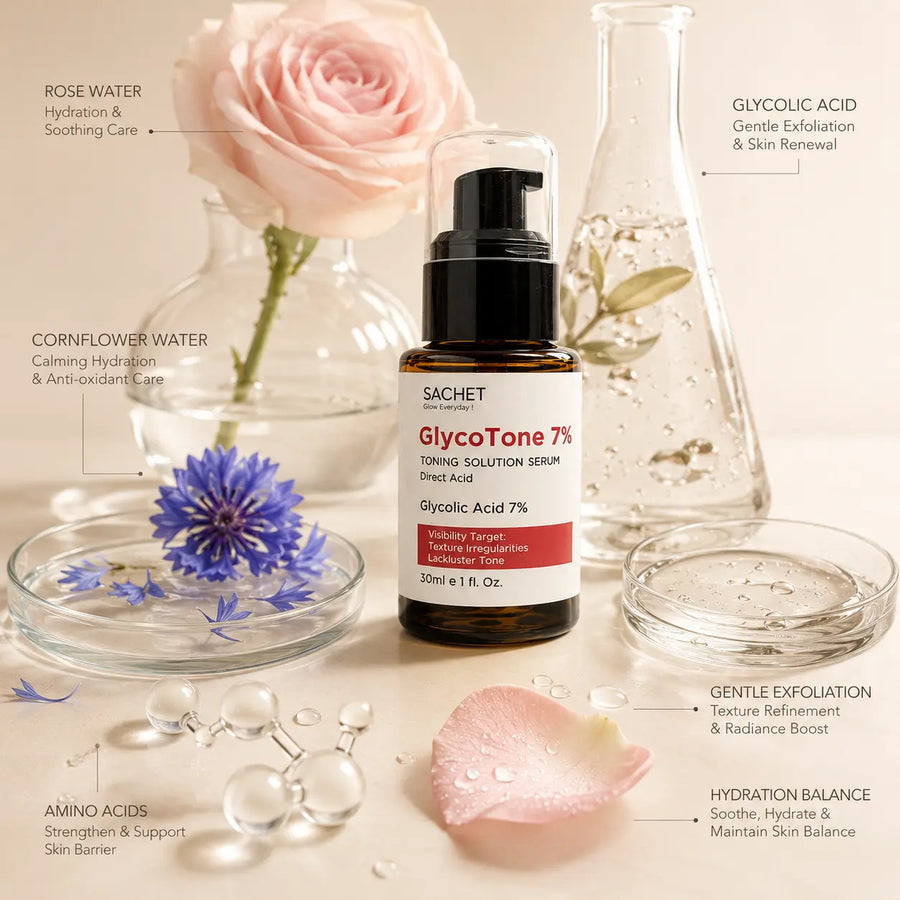 GlycoTone 7% Glycolic Acid Serum (AHA) for Texture & Dullness | SACHET