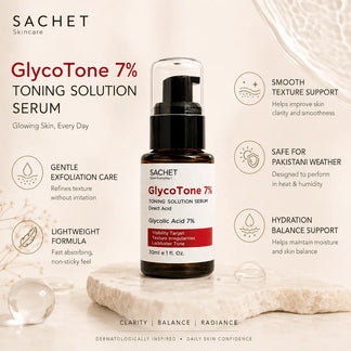 SACHET GlycoTone 7% toning solution serum bottle on a white surface with medical background