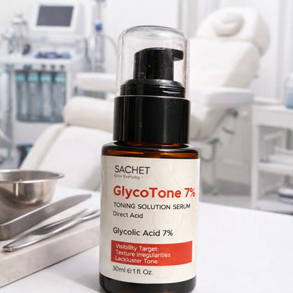 SACHET GlycoTone 7% toning solution serum bottle on a white surface with medical background