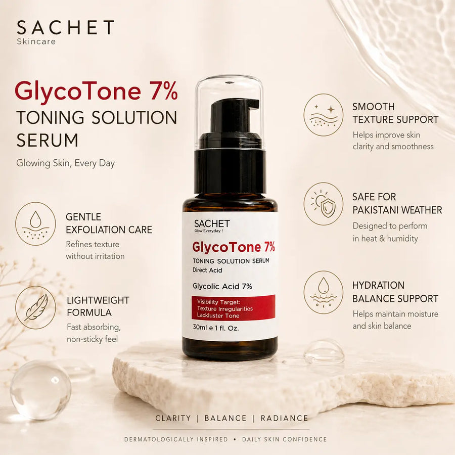 SACHET GlycoTone 7% toning solution serum bottle on a white surface with medical background