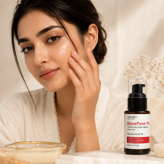 Person holding a bottle of Sachet GlycoTone 7% toning solution serum close to their face.