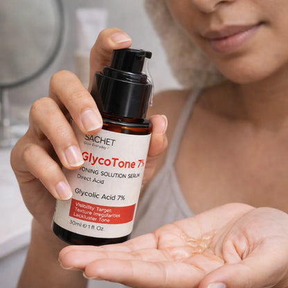 Person holding a bottle of GlycoTone 7% serum with a blurred background