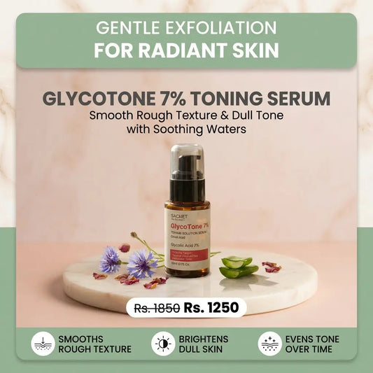 Person holding a bottle of GlycoTone 7% serum with a blurred background