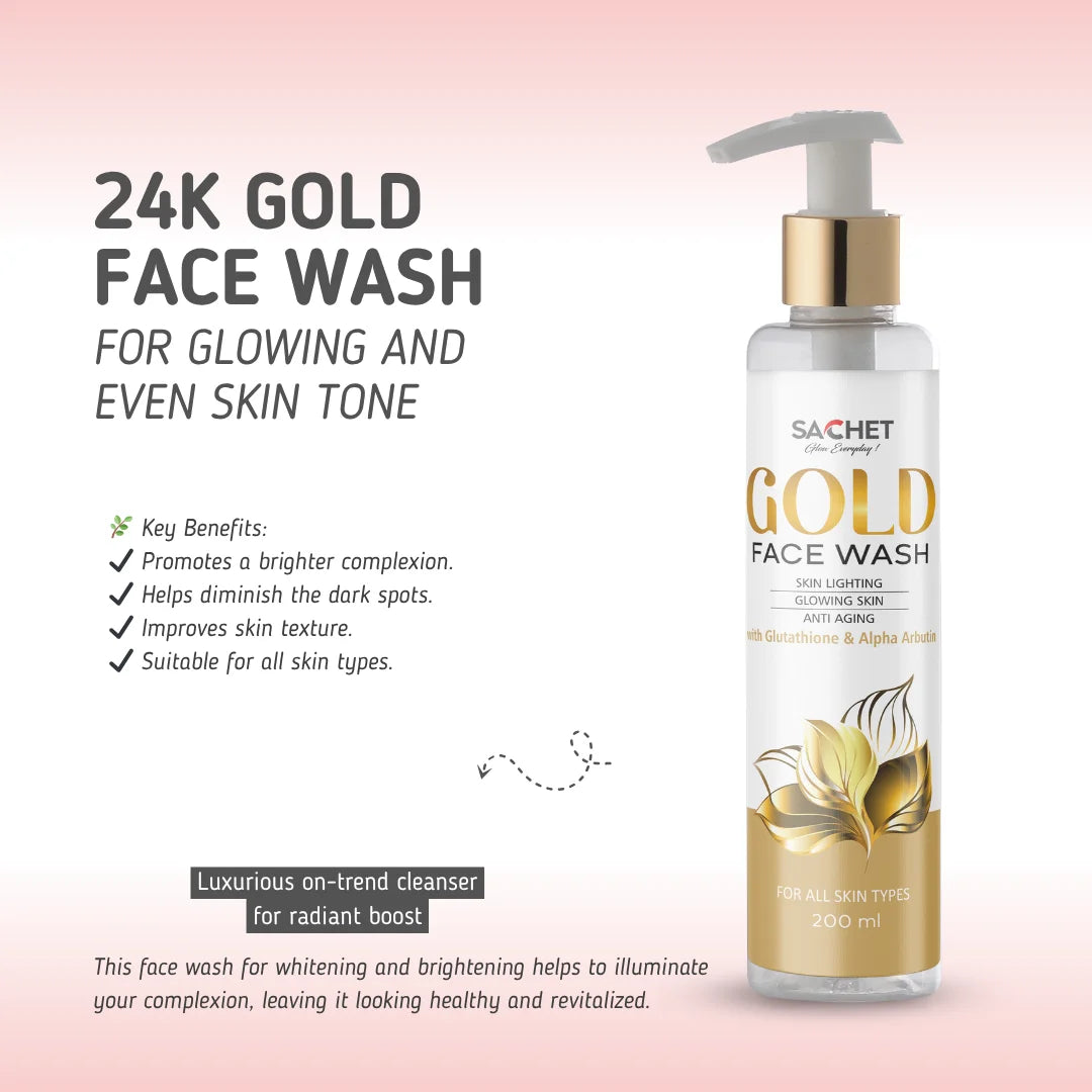 Sachet Gold Face Wash bottle with product details on a pink gradient background