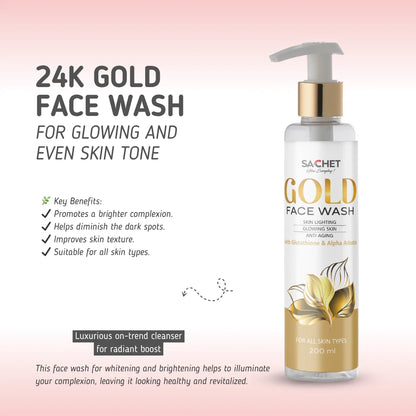 Sachet Gold Face Wash bottle with product details on a pink gradient background
