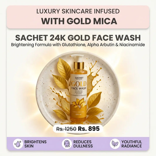 Sachet Gold Face Wash bottle with product details on a pink gradient background
