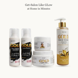 Collection of Sachet Gold skincare products on a white background