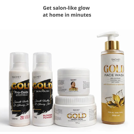 Collection of Sachet Gold skincare products on a white background