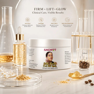 Woman applying gold facial mask with Sachet Luxury Anti-Aging Glow product on a marble surface.