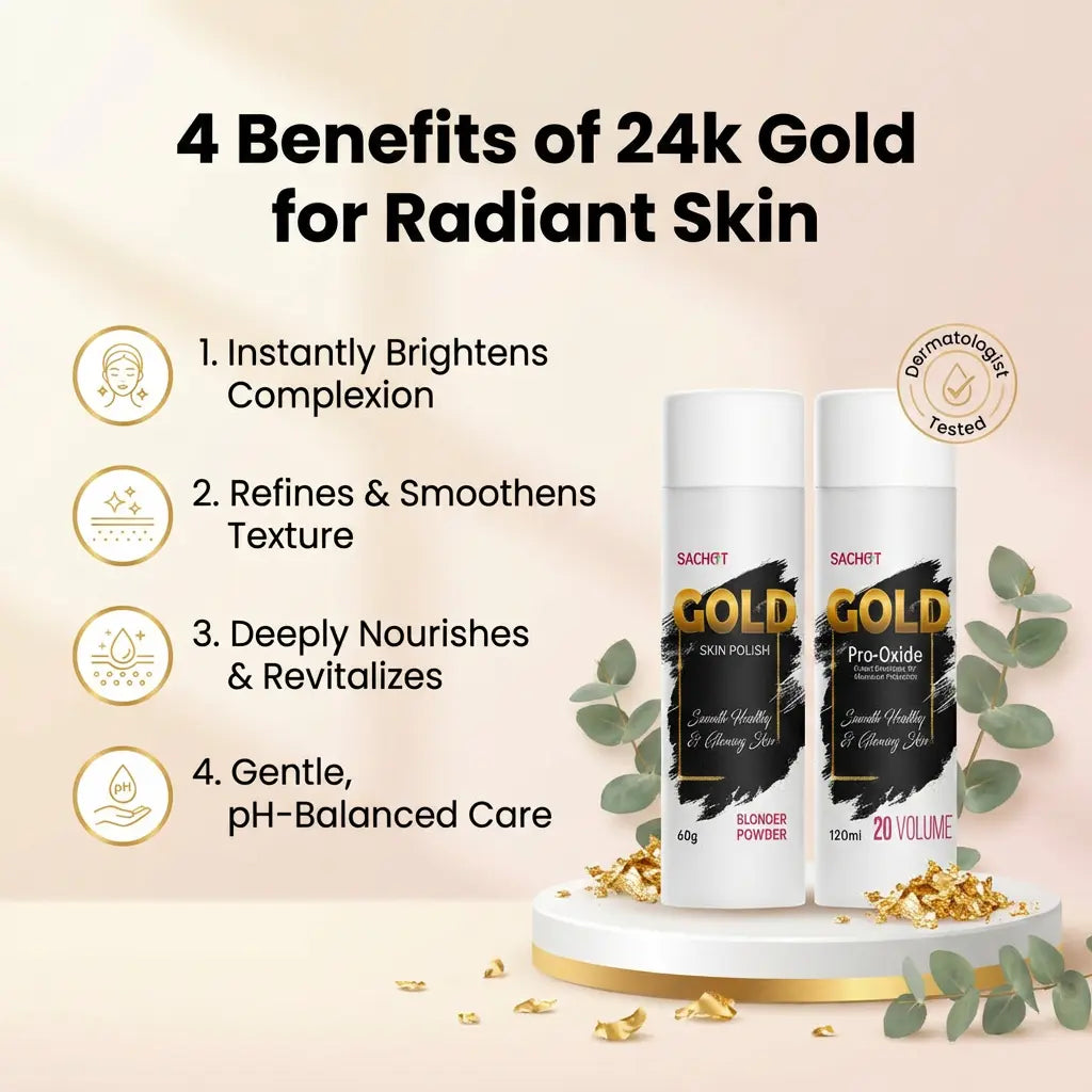 Two skincare products with 24k gold label on a decorative stand with text listing benefits of 24k gold for radiant skin.