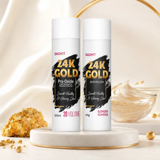 Two skincare products with 24k gold label on a decorative stand with text listing benefits of 24k gold for radiant skin.