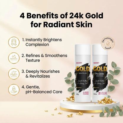 Two skincare products with 24k gold label on a decorative stand with text listing benefits of 24k gold for radiant skin.
