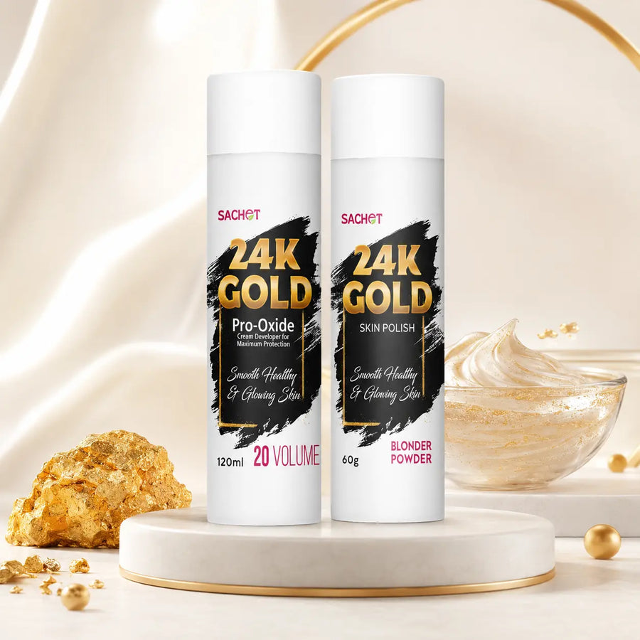 Two skincare products with 24k gold label on a decorative stand with text listing benefits of 24k gold for radiant skin.
